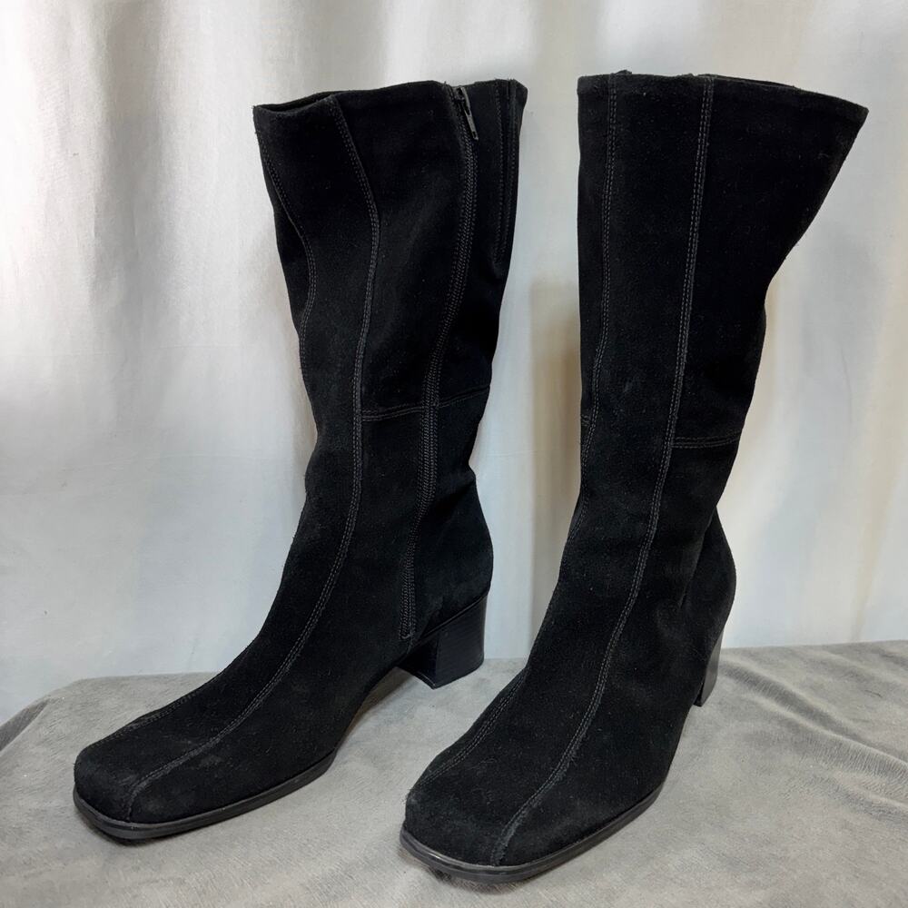 La Canadienne Black Suede Boots Women's Size 12 2 Block Heel Zip Up Round Toe